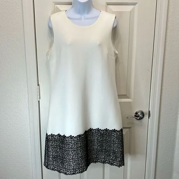 Calvin Klein Collection Dresses & Skirts - Calvin Klein White & Black Sleeveless Dress Scoop Neck Lace Accent Sz 12 Stretch